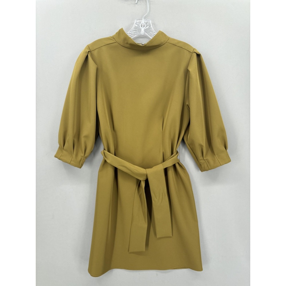 LaRoque Dress Small Green Mock‎ Neck 3/4 Puff Sleeve Belted Shift Mini Solid